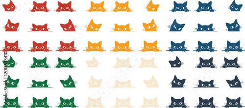 Cute peeking cat heads vector collection, playful feline animal faces in red, orange, green, and blue, adorable pet character set for branding and web design