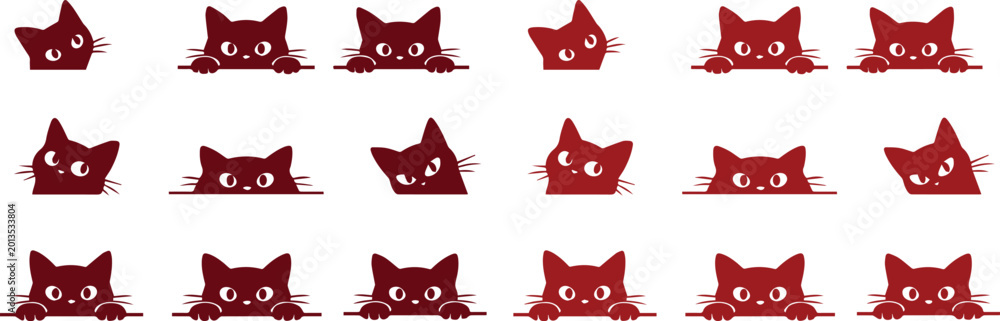 Fototapeta premium Cute peeking cat vector set, playful red kitten characters with big eyes, adorable feline animal icons for pet-themed designs, social media, and children's projects
