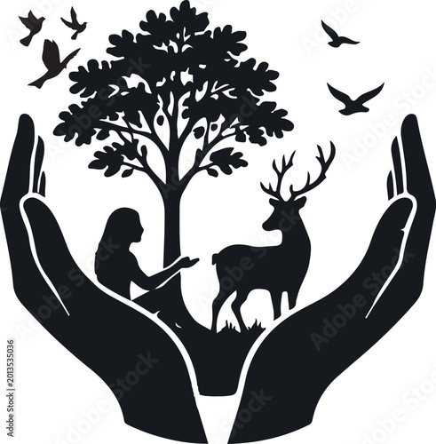 Картината върху платно Environmental protection silhouette vector, human hands cradling nature with tre