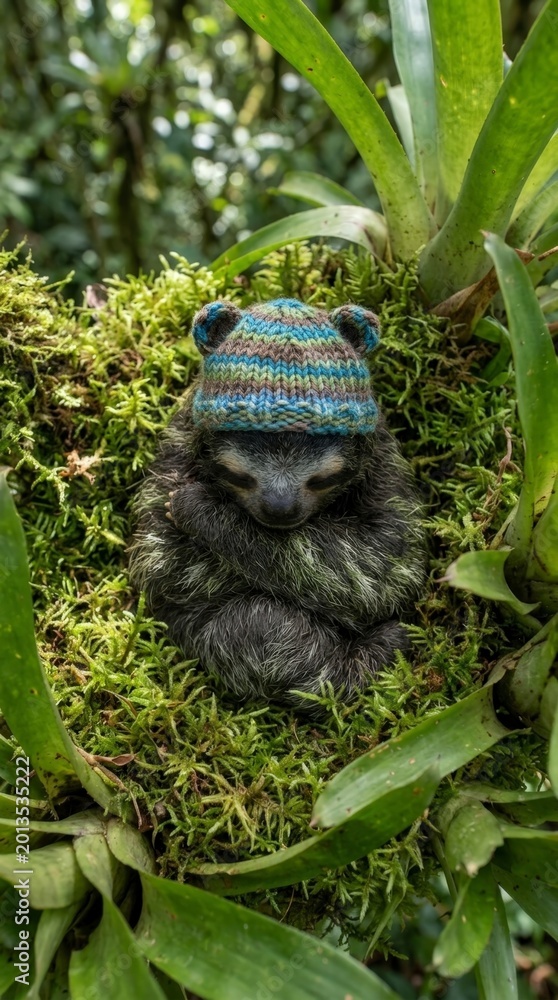 Fototapeta premium Baby sloth wearing a knitted hat in a mossy nest