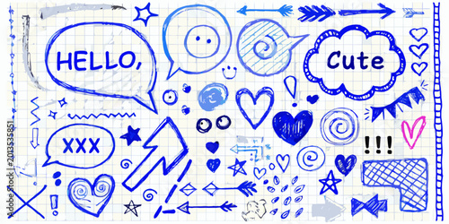 Cuadro en lienzo hand drawn blue pen doodles with speech bubbles hearts stars and arrows on lined
