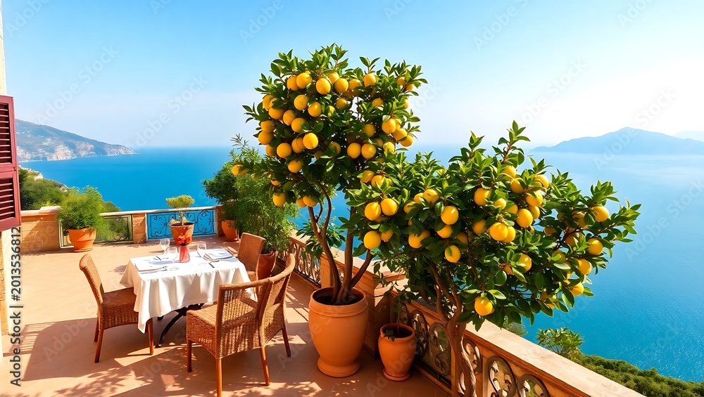 Obraz premium Italian villa terrace on the Amalfi Coast, lemon trees, ocean views, stone and terracotta decor
