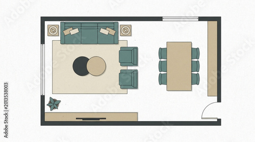 Konstfotografi Top view of a modern living and dining room floor plan layout.