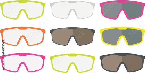 Collection of modern sports sunglasses in various vibrant colors and lens tints designed for cycling and outdoor activities isolated on white background