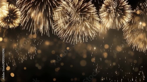 Golden Fireworks against dark Sky: A dazzling display of golden fireworks erupts against a dark, night sky. Exploding with light and color, they illuminate the darkness with their brilliant.