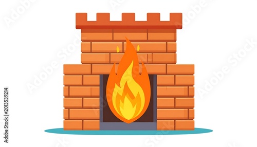 Cartoon brick fireplace with a bright, warm flame