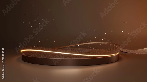 Abstract brown platform with a golden glittering ribbon and particles.