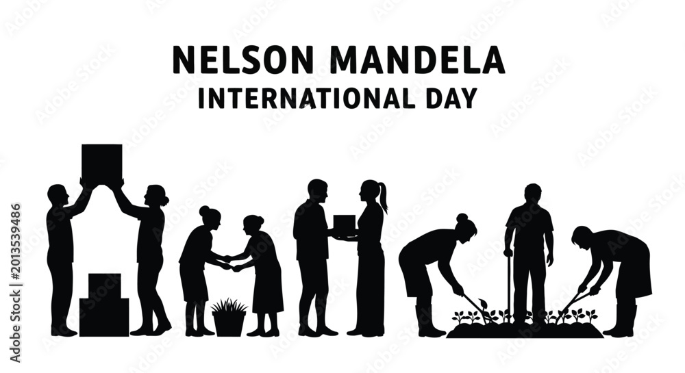 Fototapeta premium Vector graphic illustration of diverse people participating in community service on Nelson Mandela International Day