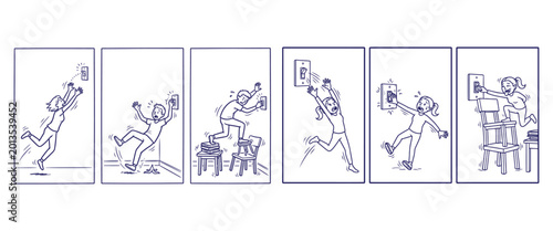 Series of people trying to reach a light switch in various humorous and difficult situations.