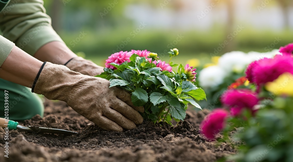 Fototapeta premium person wearing gardening gloves planting pink dahlia flower in garden soil
