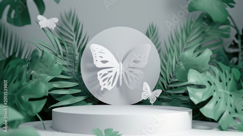 Two white butterflies near a white circular pedestal, surrounded by lush green tropical leaves.
