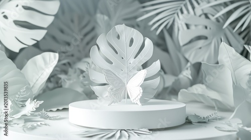 White butterfly rests on a pair of white monstera leaves atop a minimalist white cylindrical display against a backdrop of additional white leaves.
