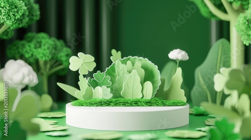 White circular pedestal surrounded by green paper cutout plants and flowers.