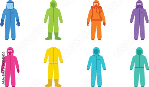 Quadro em tela Collection of colorful protective suits flat vector illustration of hazmat and s