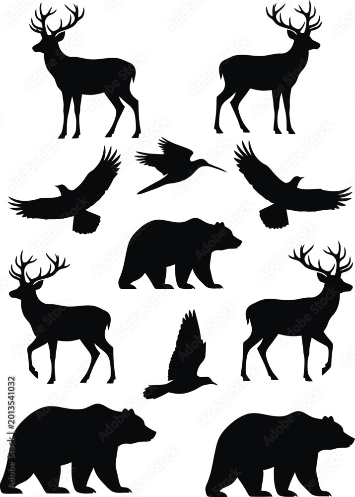 Fototapeta premium Black Silhouettes of Deer, Bears, and Birds on White Background