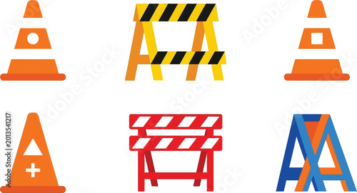 Konstfotografi Set of flat design construction cones and road barriers vector illustration for
