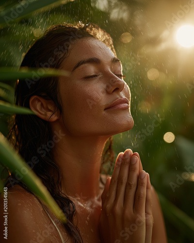 Serene Rain Prayer: A tranquil individual closes their eyes in peaceful prayer, experiencing the rejuvenating touch of rainfall amidst a vibrant green landscape, illuminated by a ray of sunlight.