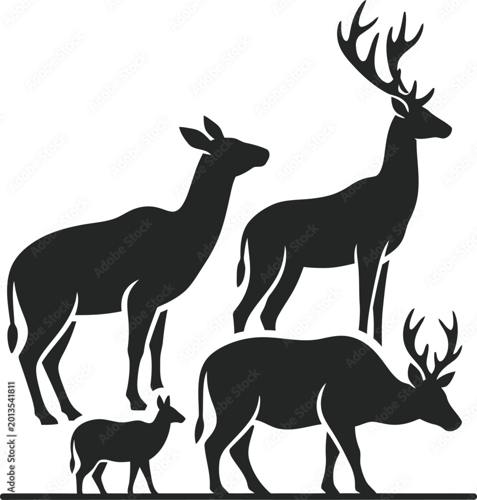 Fototapeta premium Deer Family Silhouette Isolated on White Background