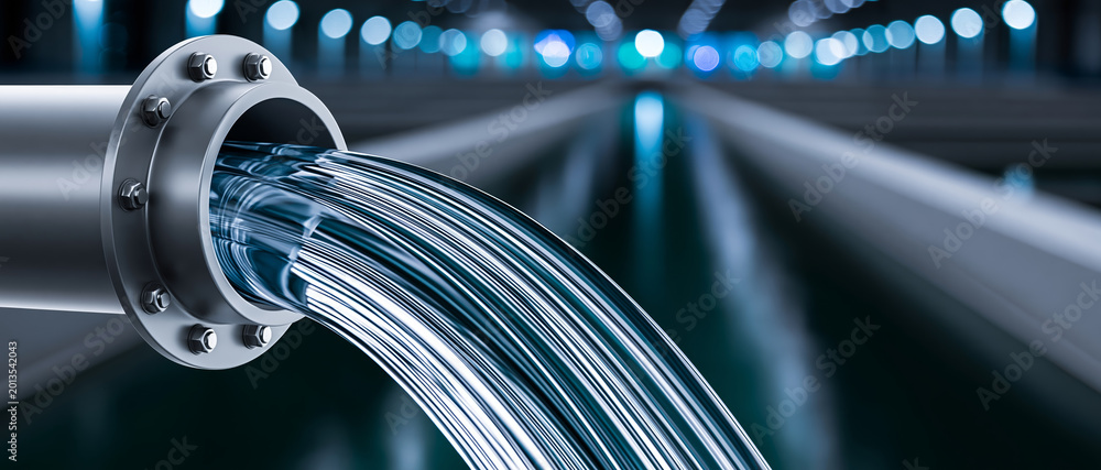 Fototapeta premium Industrial pipeline water flow metal pipe clear water turbulence motion technology infrastructure blue light depth perspective