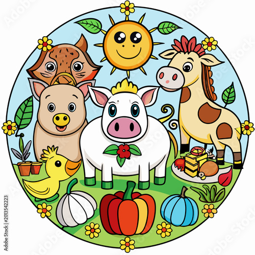 Farm animals arranged in a circular pattern a cow, horse, pig, goat, duck, chicken, and sheep animal
