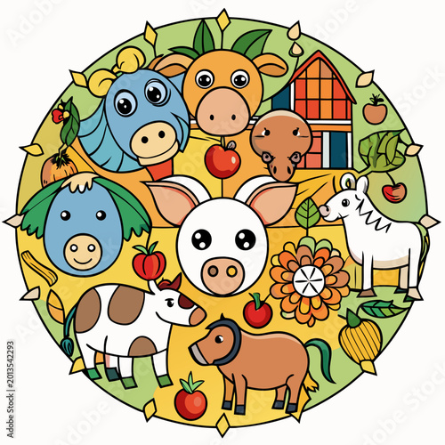 Farm animals arranged in a circular pattern a cow, horse, pig, goat, duck, chicken, and sheep animal