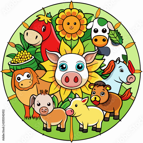 Farm animals arranged in a circular pattern a cow, horse, pig, goat, duck, chicken, and sheep animal