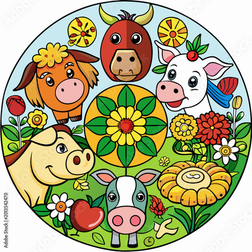 Farm animals arranged in a circular pattern a cow, horse, pig, goat, duck, chicken, and sheep animal