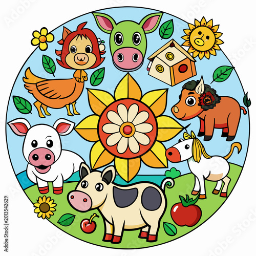 Farm animals arranged in a circular pattern a cow, horse, pig, goat, duck, chicken, and sheep animal