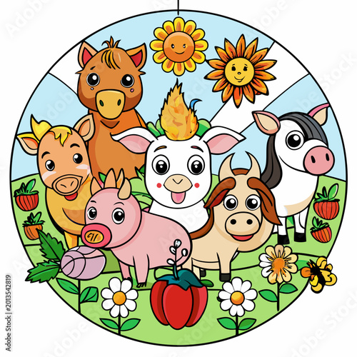 Farm animals arranged in a circular pattern a cow, horse, pig, goat, duck, chicken, and sheep animal