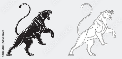 Foto ector illustration of a fierce black panther roaring, silhouette style
