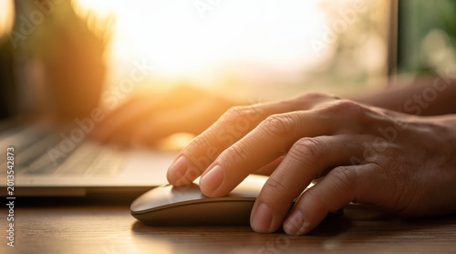 hand using computer mouse on wooden desk with laptop in golden hour light