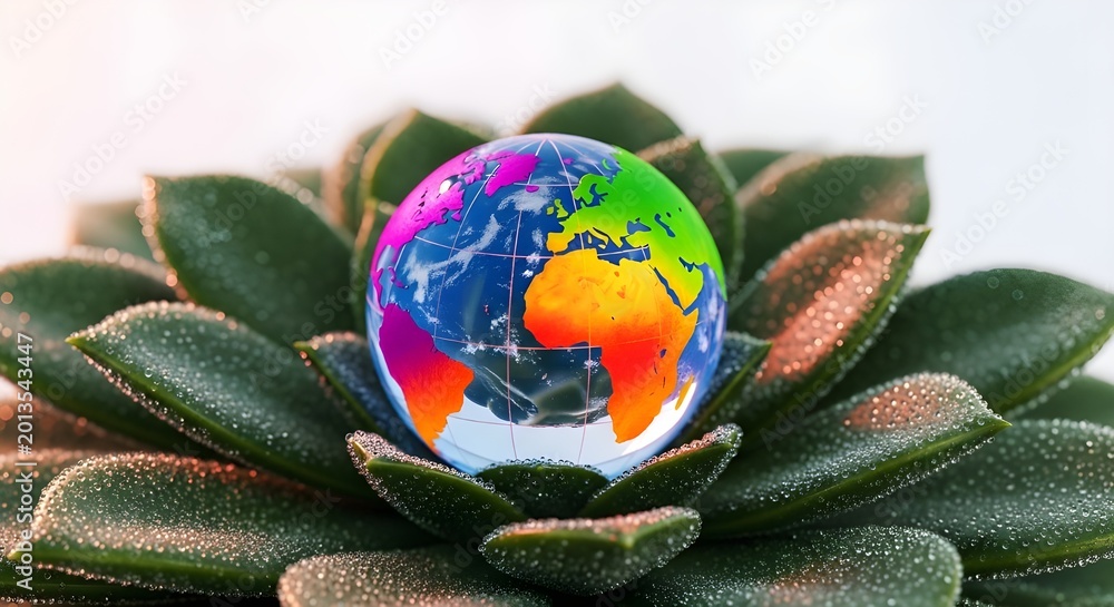 Obraz premium Vibrant Earth globe nestled within the lush green petals of a succulent plant, symbolizing nature's delicate balance and environmental care