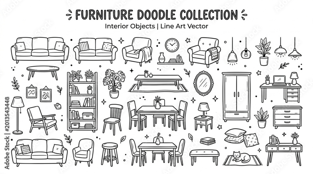 Naklejka premium Collection of Hand Drawn Furniture and Interior Design Elements.