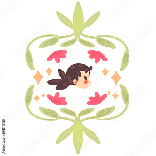 Whimsical Hand-Drawn Illustration of a Girl with Elemental Motifs