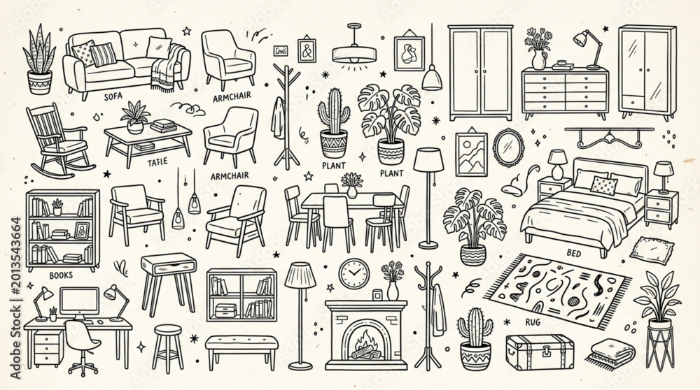 Obraz premium Collection of Hand Drawn Furniture and Home Decor Items.
