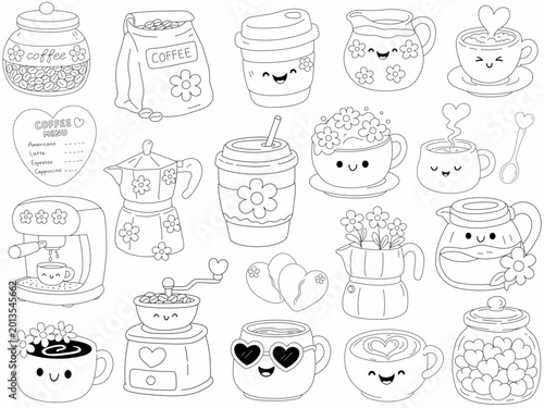 Cute coffee illustrations featuring various coffee related items with smiling faces and floral