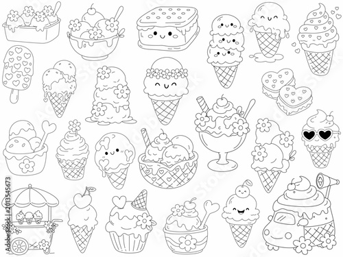 Cute ice cream illustrations featuring various styles and designs, perfect for coloring