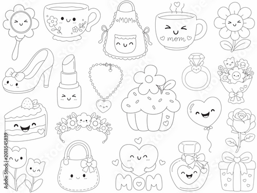 Cute illustrations of various items related to motherhood, including flowers, cups