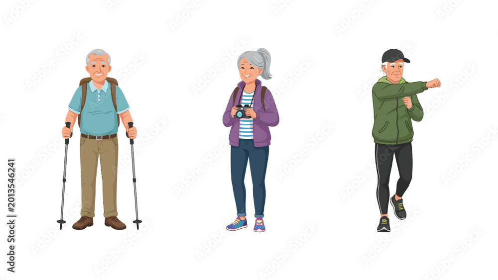 Fototapeta premium Active Lifestyle Characters: Senior Hikers, Birdwatcher, and Young Man Stretching Illustration