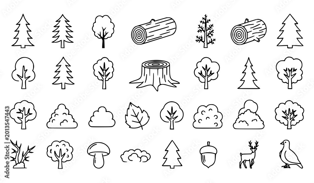Fototapeta premium Wood forest icons vector line set trees nature editable stroke illustration