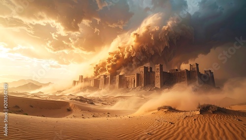 Sandstorm engulfs an ancient walled city in the desert under a golden sky. Surreal, grand, and dramatic