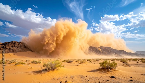 Sandstorm rages across a desert landscape, with dunes, distant mountains, and a blue sky dotted with white clouds