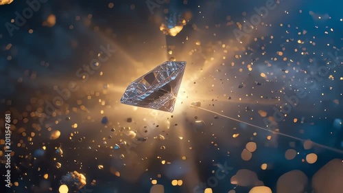 Floating Brilliant Diamond Rotating Amidst Glowing Particles