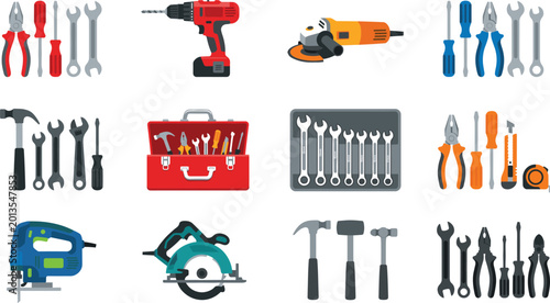 Foto Professional Construction and Repair Tool Kit Icon Set Featuring Power Drills, H