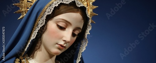 This image shows a statue of the Virgin Mary wearing a blue veil with lace trim and a golden halo. Her face is serene and she looks down with closed eyes.