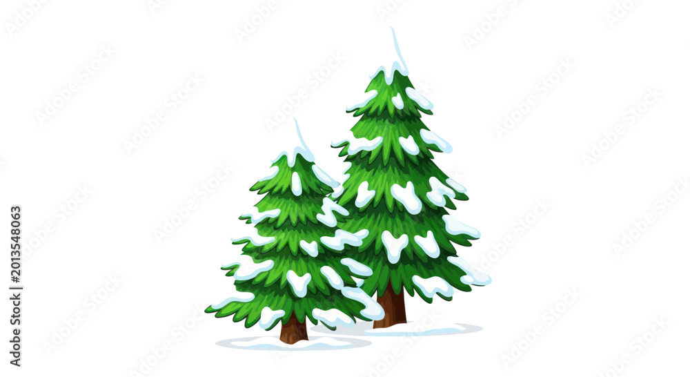 Fototapeta premium Two Evergreen Trees Covered in Fresh Snow, Winter Season