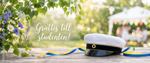 Grattis till studenten Swedish greeting, student banner with studentmössa, swedish student cap. Photorealistic Swedish graduation celebration scene
