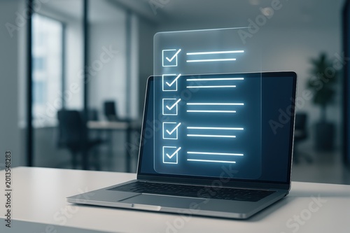 Digital Checklist on Laptop Screen: A modern office environment showcases a laptop displaying a virtual checklist, with all the boxes checked off, symbolizing tasks completed. 