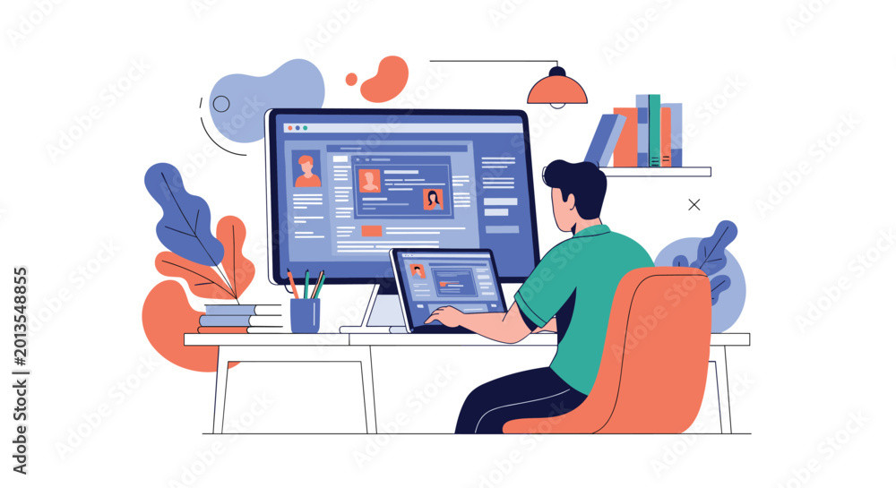 Naklejka premium Digital professional working at a desk with multiple screens analyzing social media profiles and data in a creative home office.