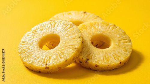 Fresh juicy pineapple rings with water droplets on a vibrant yellow background.